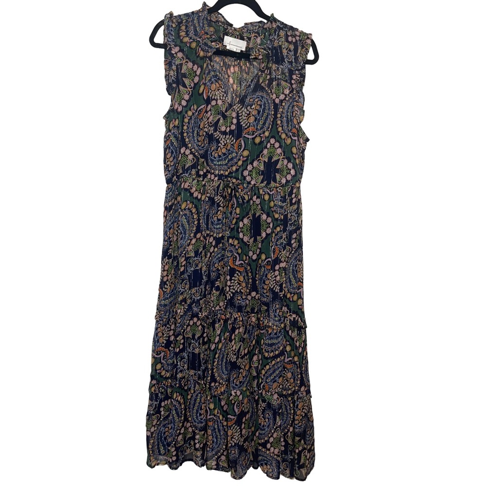 Anthropologie Elmira Midi Chiffon Ruffled Paisley Boho Blue Dress Size 14